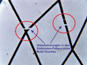 Erkennbare Prozessfehler in der Herstellung von Multi-Touch-Elektroden-PatternUngleichförmiges Elektrodengitter, um Moire-Effekte mit gleichmäßiger Pixelstruktur zu verhindern, sowie erkennbare optische Artefakte eines Touch-Aufbaus für polarisiertes Licht (Bilder: Wammes & Partner GmbH)
