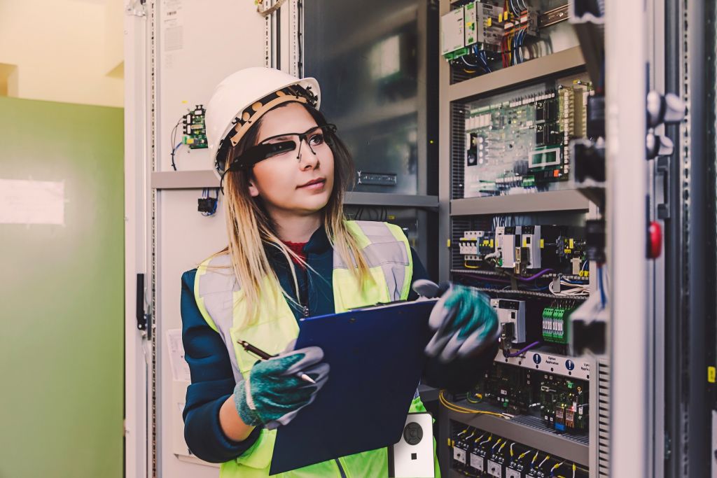 Young woman industrial service engineer wearing white worker headwear standing, working, checking conducts a safety check front of a control panel read and writing notes about technical problems in boiler energy control room of modern thermal or nuclear p