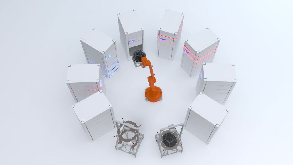  Werden mehrere Roto-Tower in 
Kreisaufstellung verkettet und mit einem 
zentralen Sechsachsroboter be- und entladen, 
kann die dreifache Produktausbringung pro Werkzeug 
erreicht werden.